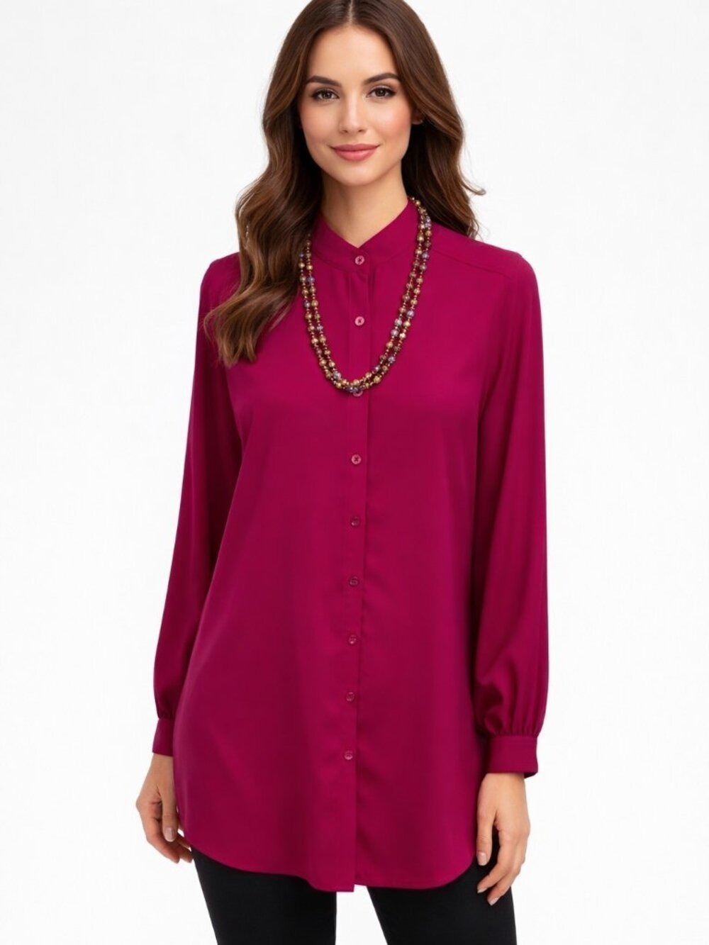 Chico's Fuchsia Long Sleeve Blouse Size 1 (S/8) Mandarin Collar Button Down Top